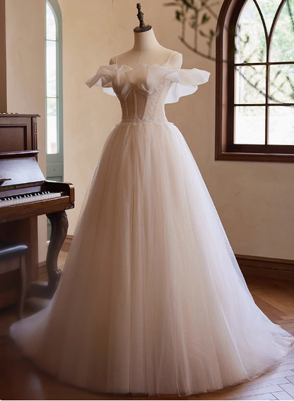 Elegant and flowing white strapless tulle beaded A-line wedding dress P2638
