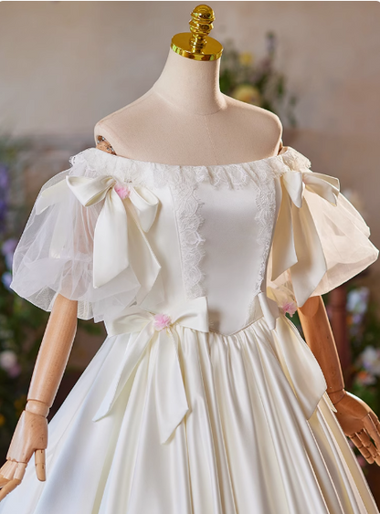 Simple White Bow Off-shoulder Satin Floor-length Wedding Dress P2639
