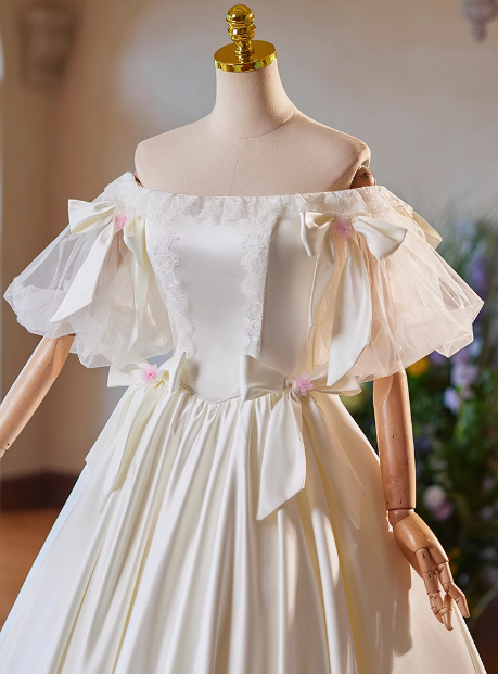 Simple White Bow Off-shoulder Satin Floor-length Wedding Dress P2639