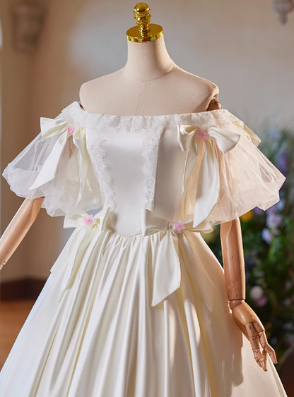 Simple White Bow Off-shoulder Satin Floor-length Wedding Dress P2639