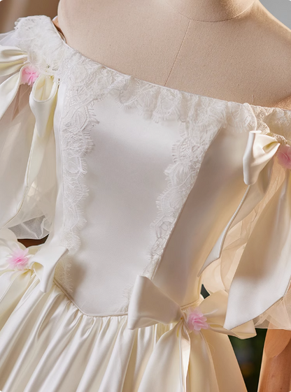 Simple White Bow Off-shoulder Satin Floor-length Wedding Dress P2639