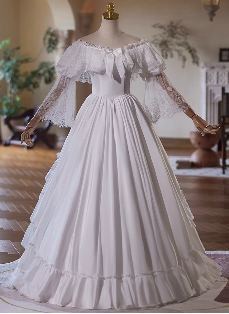 Beautiful White Satin Lace Off-the-shoulder Floor-length Wedding Dress P2640