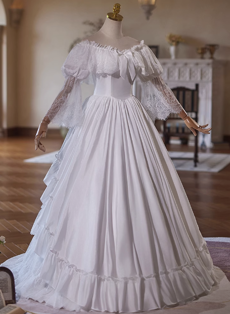 Beautiful White Satin Lace Off-the-shoulder Floor-length Wedding Dress P2640
