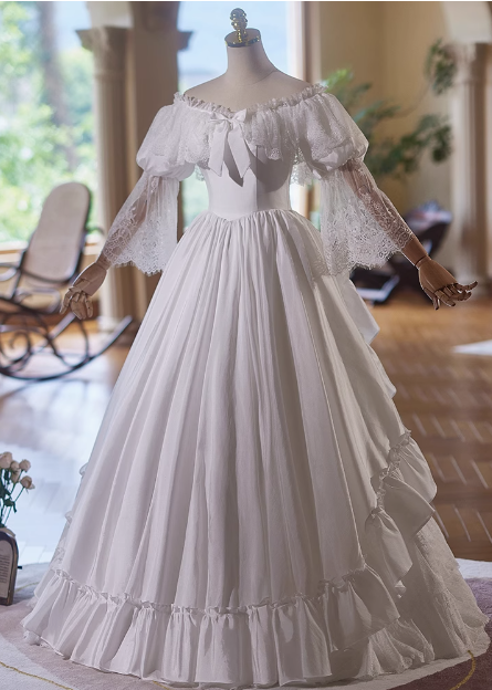 Beautiful White Satin Lace Off-the-shoulder Floor-length Wedding Dress P2640