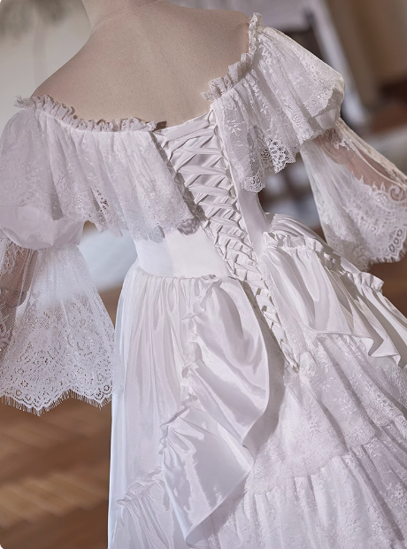 Beautiful White Satin Lace Off-the-shoulder Floor-length Wedding Dress P2640