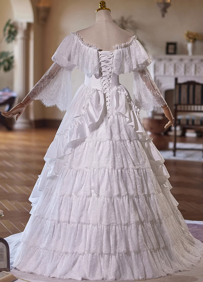 Beautiful White Satin Lace Off-the-shoulder Floor-length Wedding Dress P2640