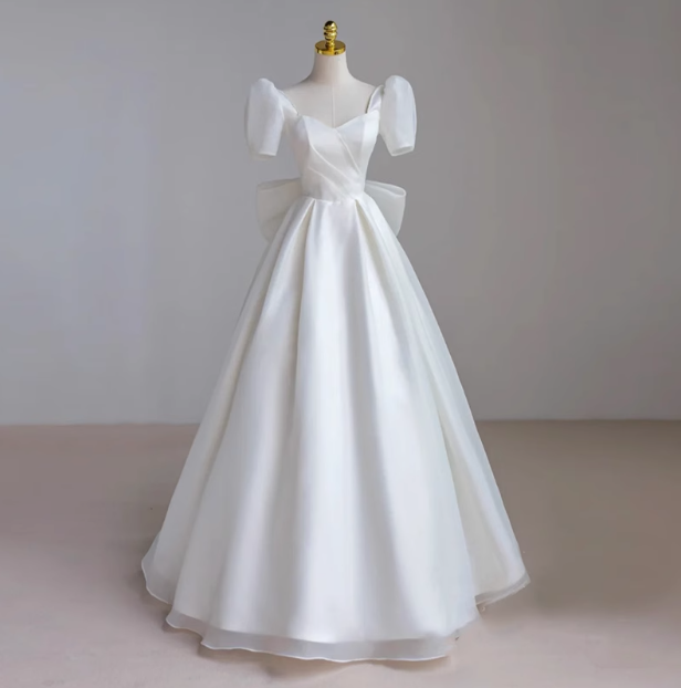 Simple White Short Sleeve Bow Tulle Floor-Length Wedding Dress P2641