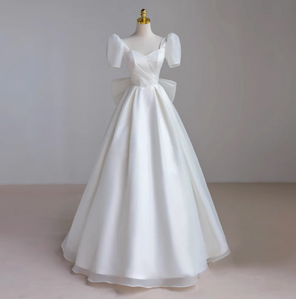 Simple White Short Sleeve Bow Tulle Floor-Length Wedding Dress P2641