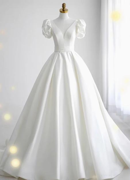 Elegant and simple white V-neck satin floor-length wedding dress P2643