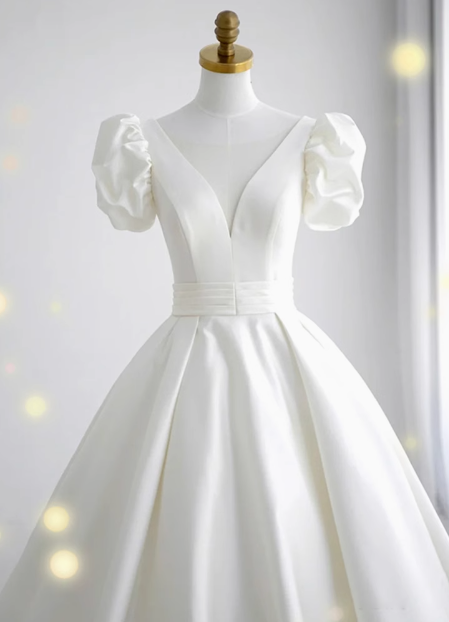 Elegant and simple white V-neck satin floor-length wedding dress P2643