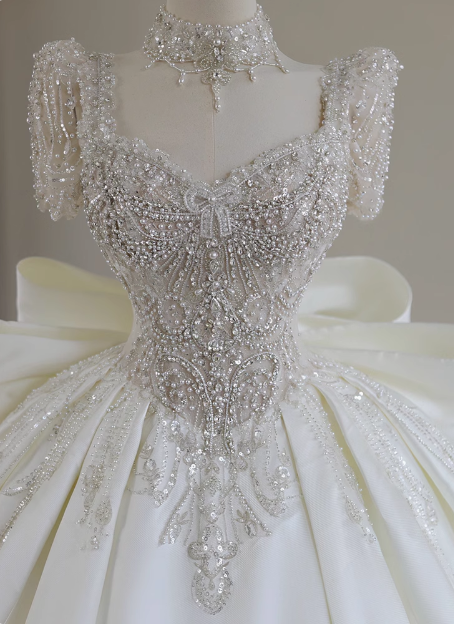 French Princess Shiny Beaded Bow Luxury Satin Floor-Length Wedding Dress P2645