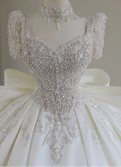 French Princess Shiny Beaded Bow Luxury Satin Floor-Length Wedding Dress P2645