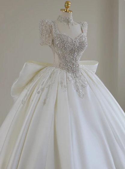 French Princess Shiny Beaded Bow Luxury Satin Floor-Length Wedding Dress P2645