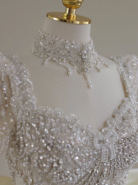 French Princess Shiny Beaded Bow Luxury Satin Floor-Length Wedding Dress P2645