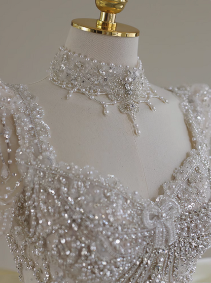 French Princess Shiny Beaded Bow Luxury Satin Floor-Length Wedding Dress P2645