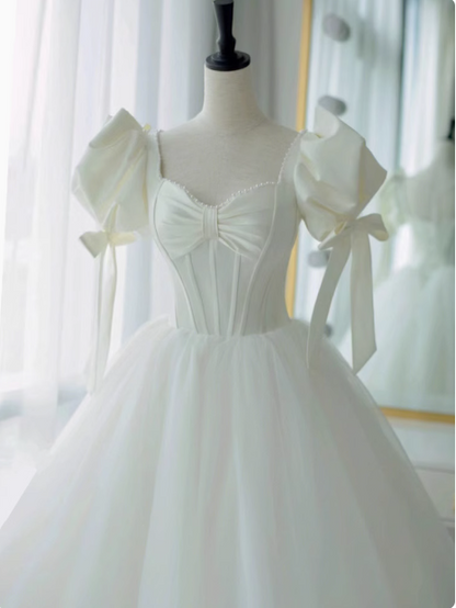 Simple White Princess Puff Sleeve Tulle Floor-Length Wedding Dress P2646