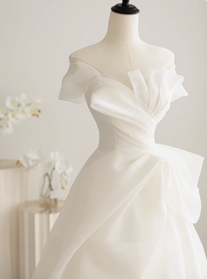 Elegant and simple white off-shoulder tulle tube top floor-length wedding dress P2647