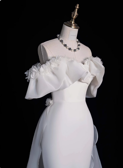 Elegant and simple one-shoulder satin mermaid floor-length wedding dress P2648