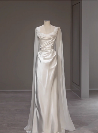 Simple and elegant white satin floor-length wedding dress P2649