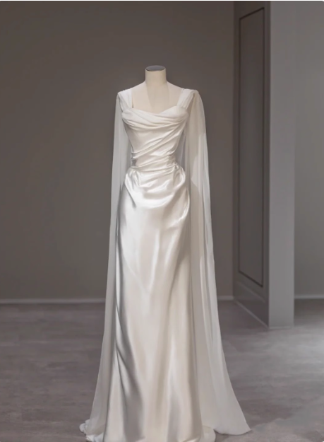 Simple and elegant white satin floor-length wedding dress P2649