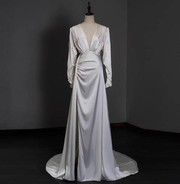 Elegant deep V-neck satin long sleeves high slit floor-length simple wedding dress P2650