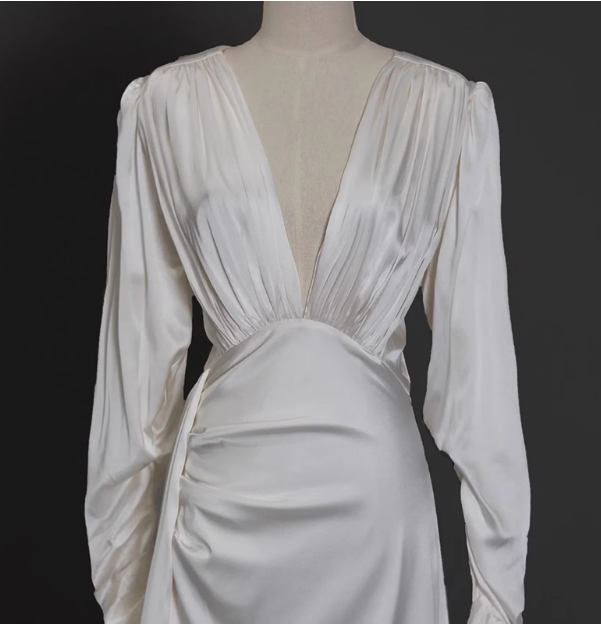 Elegant deep V-neck satin long sleeves high slit floor-length simple wedding dress P2650