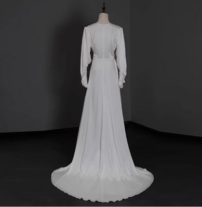 Elegant deep V-neck satin long sleeves high slit floor-length simple wedding dress P2650