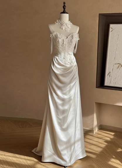 Vintage Strapless Off-the-shoulder Sweetheart Neck Lace Silk Satin Floor-length Wedding Dress P2651