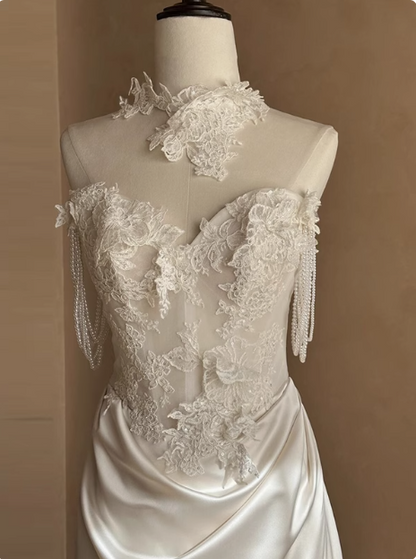 Vintage Strapless Off-the-shoulder Sweetheart Neck Lace Silk Satin Floor-length Wedding Dress P2651