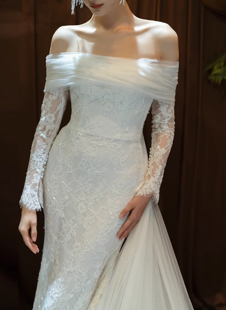 French One Shoulder Lace Long Sleeve Mermaid Wedding Dress with Train P2654