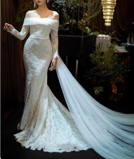 French One Shoulder Lace Long Sleeve Mermaid Wedding Dress with Train P2654