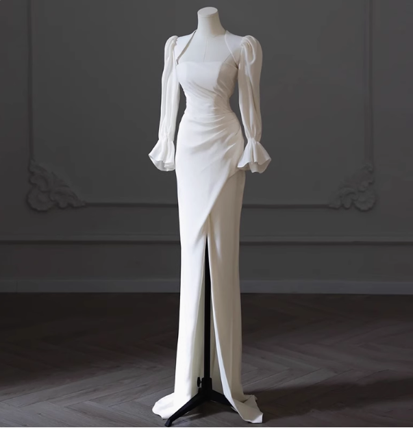 Elegant White Long Sleeve Slit Mermaid Simple Wedding Dress P2655