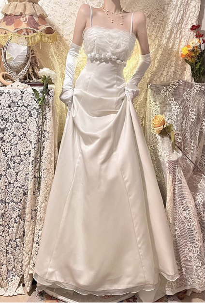 Vintage Strapless Satin 3D Flower Floor-Length Wedding Dress P2656