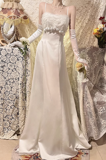 Vintage Strapless Satin 3D Flower Floor-Length Wedding Dress P2656