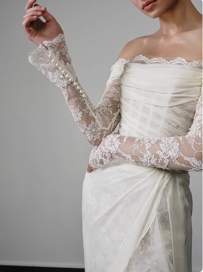 French style one shoulder long sleeve lace slit flowing wedding dress P2657