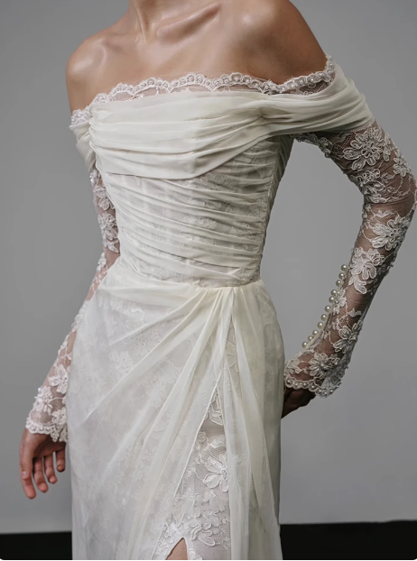 French style one shoulder long sleeve lace slit flowing wedding dress P2657