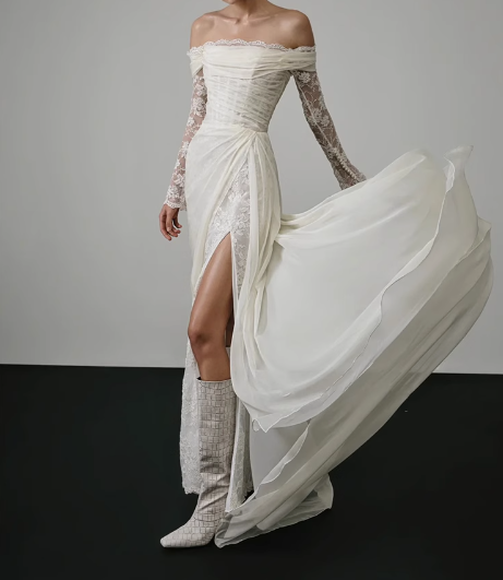 French style one shoulder long sleeve lace slit flowing wedding dress P2657