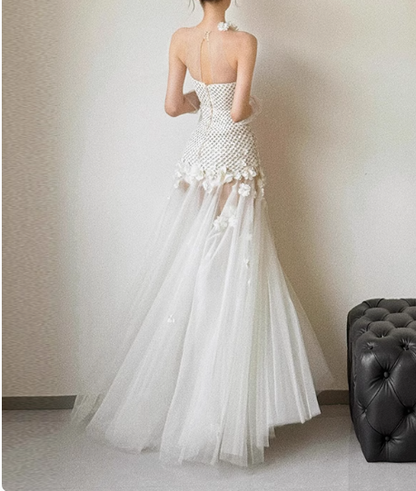 Chic Halter-Shoulder 3D Floral Tulle Floor-Length Wedding Dress P2658