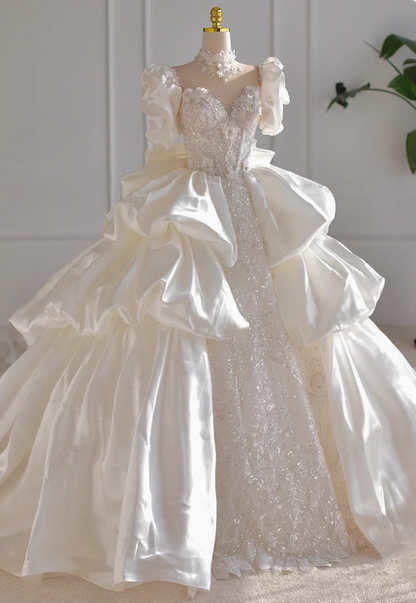 French style luxurious shiny satin short sleeve floor length wedding dress P2660