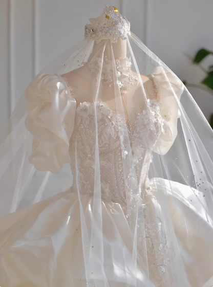 French style luxurious shiny satin short sleeve floor length wedding dress P2660