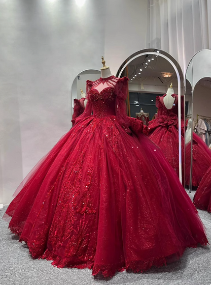 Vintage Heavy Luxury Red Beaded Long Sleeve Floor-Length Wedding Dress P2661