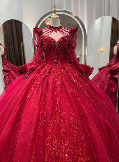 Vintage Heavy Luxury Red Beaded Long Sleeve Floor-Length Wedding Dress P2661