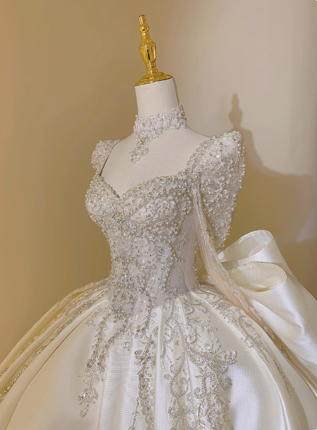Shiny French Heavy-Work Long Sleeve Beaded Satin Bow Floor-Length Wedding Dress P2662