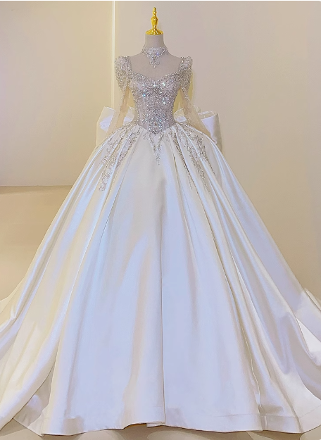 Shiny French Heavy-Work Long Sleeve Beaded Satin Bow Floor-Length Wedding Dress P2662