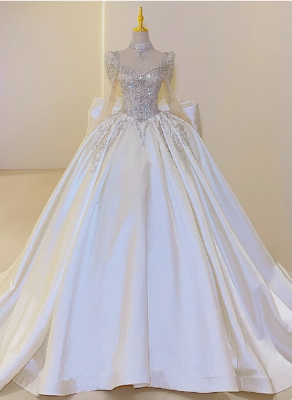 Shiny French Heavy-Work Long Sleeve Beaded Satin Bow Floor-Length Wedding Dress P2662