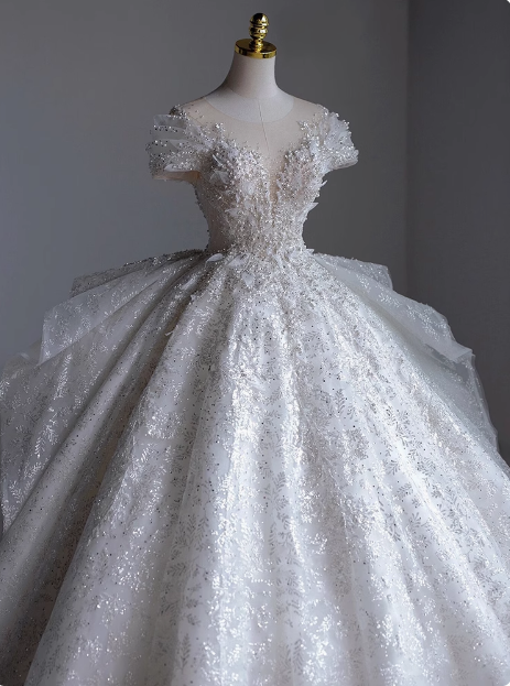 French Round Neck Beaded Glitter A-Line Floor-Length Wedding Dress P2663