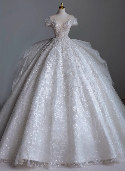 French Round Neck Beaded Glitter A-Line Floor-Length Wedding Dress P2663