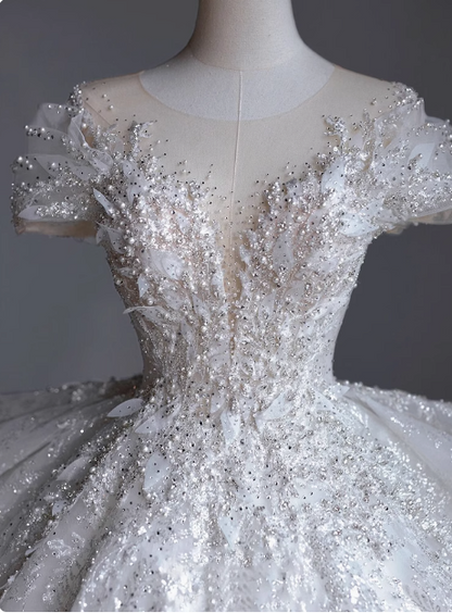 French Round Neck Beaded Glitter A-Line Floor-Length Wedding Dress P2663