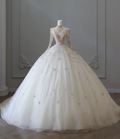 Glittering Rhinestone Long Sleeve Tulle A-Line Floor-Length Wedding Dress P2564