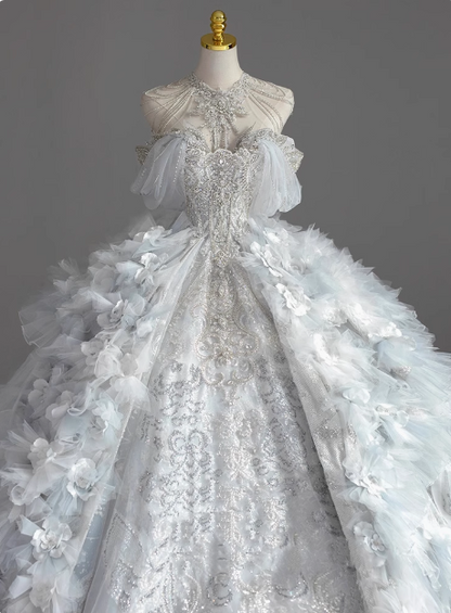 French princess strapless blue shiny beaded luxurious floor-length wedding dress P2664